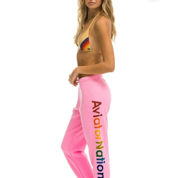 Aviator Nation Pink Sweatpants with Rainbow Logo and Side Stripe - Picture 2 of 4